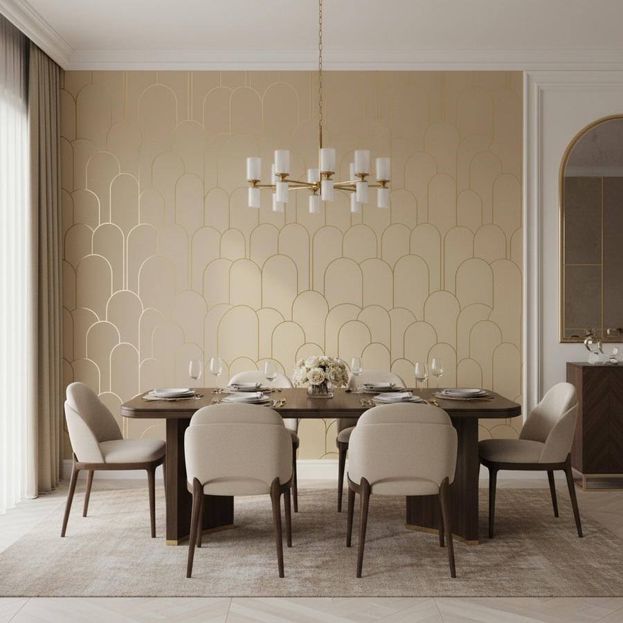 Beige geometric ornament PS wall panel by LUXWORLD, 3D decorative wall cladding featuring intricate geometric patterns.