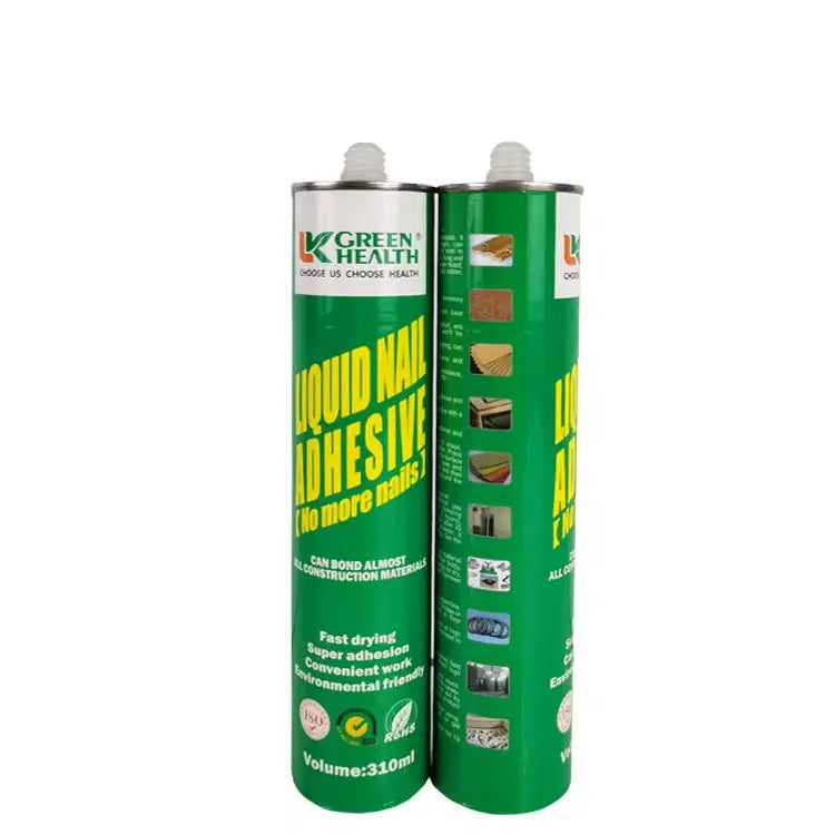 Green Health Nail Free Glue liquid nails adhesive used on wall cladding by LUXWORLD, shown applied for secure wall installation.