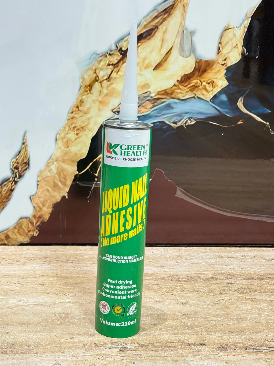 Green Health Nail Free Glue Liquid Nails adhesive applied to wall cladding by LUXWORLD for secure, damage-free installation.