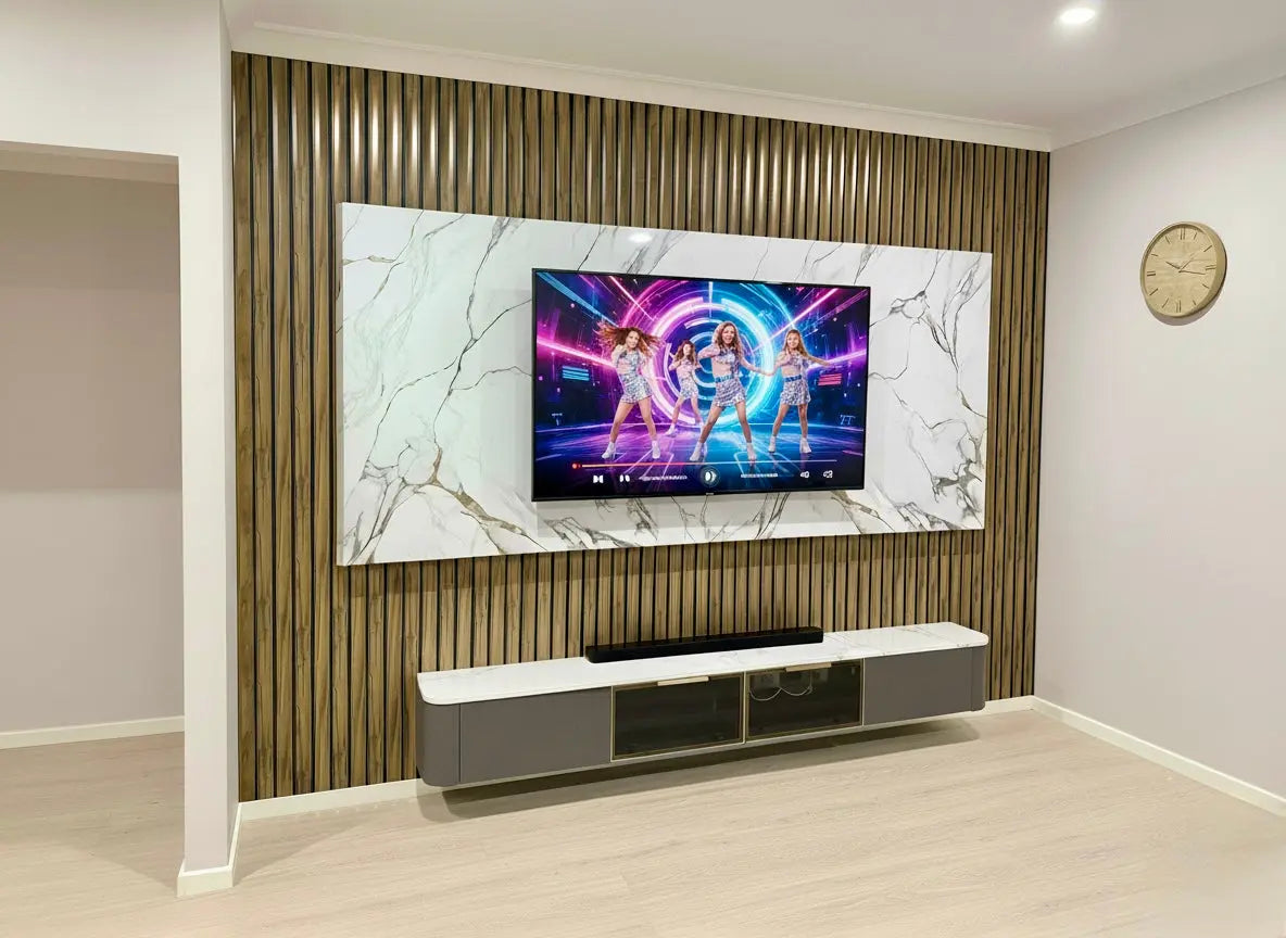 Luxury PVC marble wall panels by LUXWORLD, 1220x2900mm, 5mm thick, used as stylish wall cladding in interior design.
