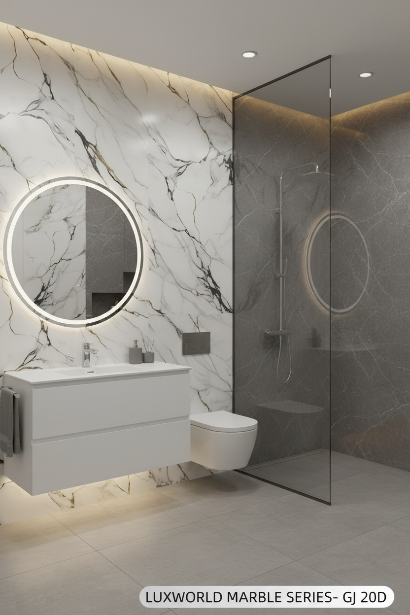 Luxury PVC marble wall panels by LUXWORLD, 1220x2900mm, 5mm thick, used as elegant wall cladding for interior spaces.