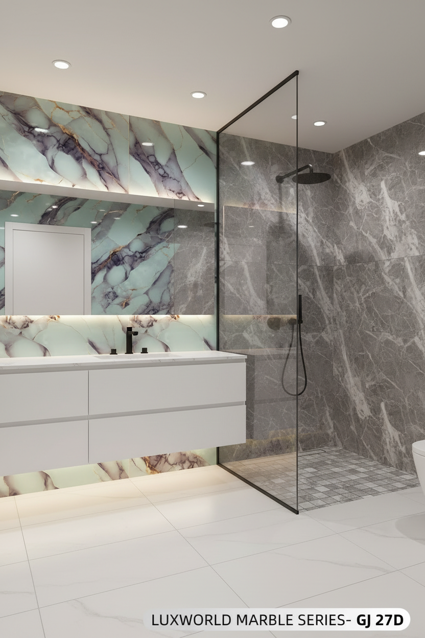 LUXWORLD bamboo charcoal wood veneer 3D PVC marble wall cladding panel, eco-friendly decorative wall solution, 1220x2900x5mm size.