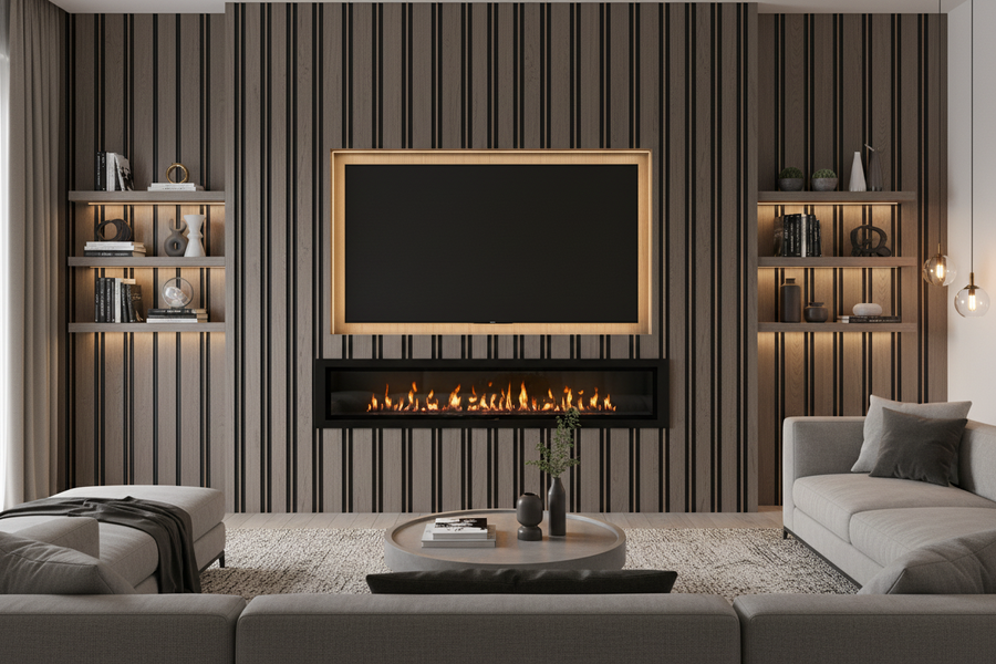 Decorative fluted wall panels by LUXWORLD in American Oak finish, showcasing textured wall cladding design.