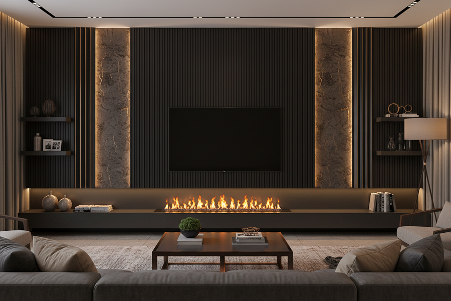 Luxworld PS decorative fluted wall panels in glazed maple finish, showcasing textured wall cladding design for interior decor.