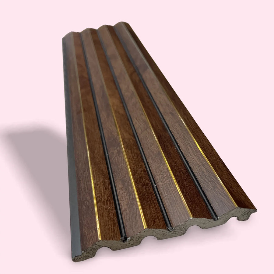 Luxworld PS fluted decorative wall panels in Jarrah finish, showcasing textured wall cladding for interior design.