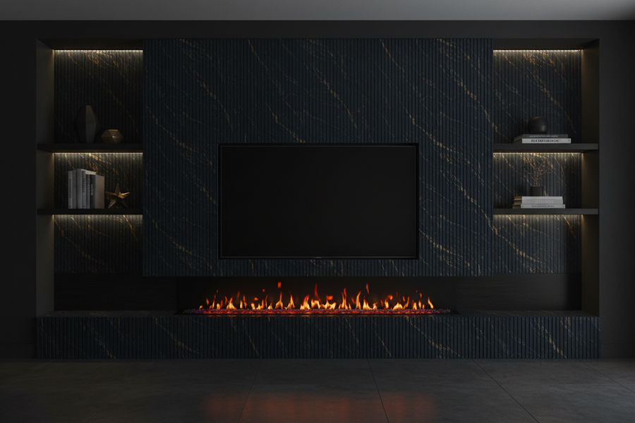 Luxworld Midnight Onyx Gold Fluted PS Wall Panel, luxury marble wall cladding showcasing gold accents and fluted design.