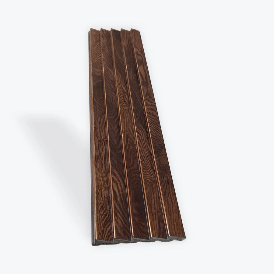 Royal Mahogany PS decorative wall panel with rose gold line by LUXWORLD, showcasing elegant wood grain and metallic accents.