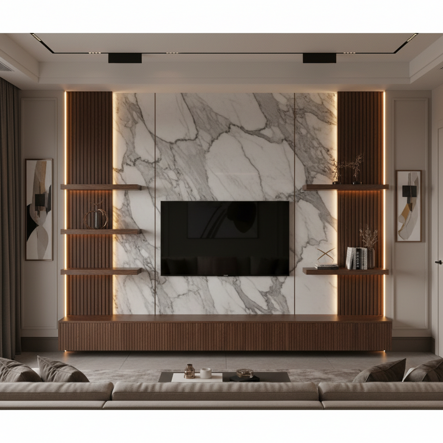Royal Mahogany PS decorative wall panel by LUXWORLD featuring a rose gold line, used as stylish wall cladding for interiors.