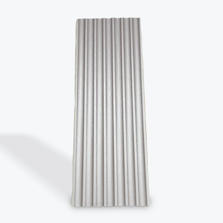 Titanium silver WPC wall panel by LUXWORLD, modern metallic wall cladding for interior or exterior feature walls.
