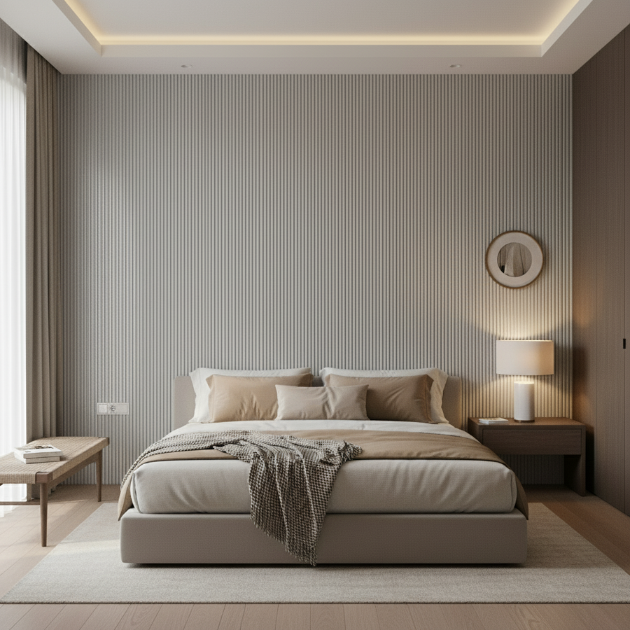 Titanium silver WPC wall panel by LUXWORLD, modern metallic wall cladding for stylish interior or exterior feature walls.
