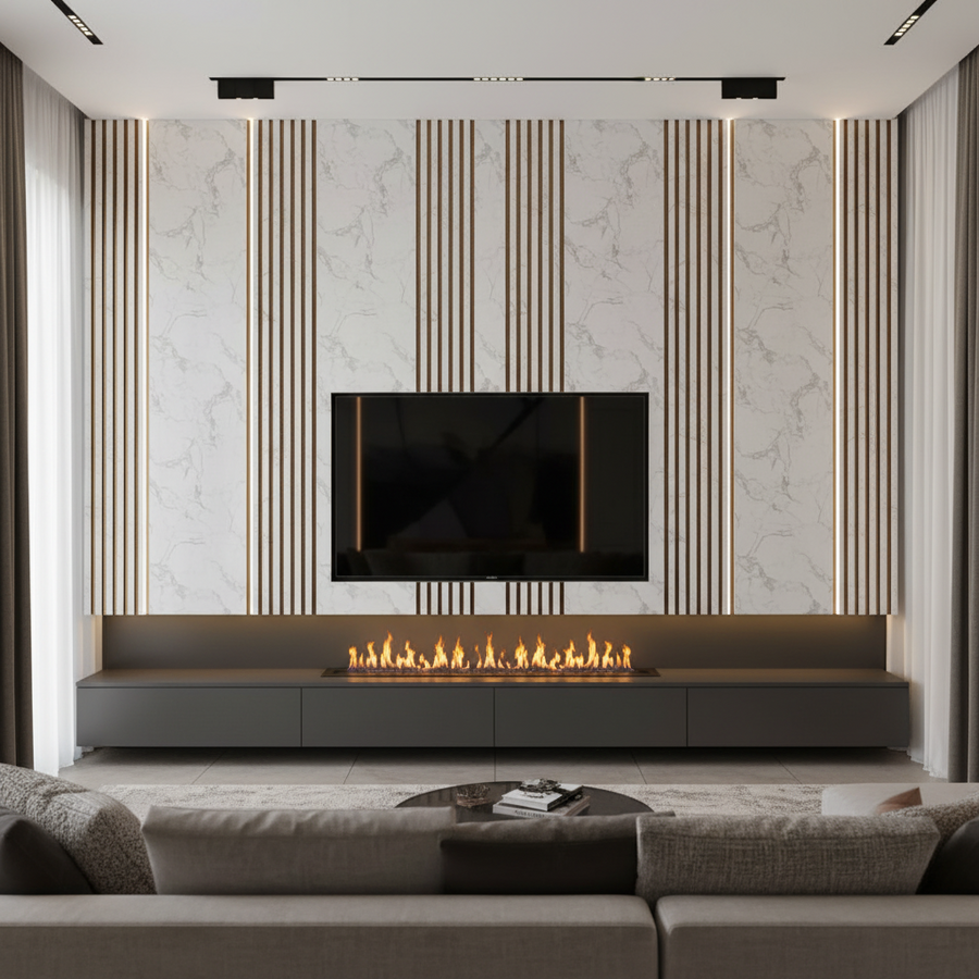 White marble look PS decorative wall panel with rose gold line, LUXWORLD wall cladding, modern interior wall decor.