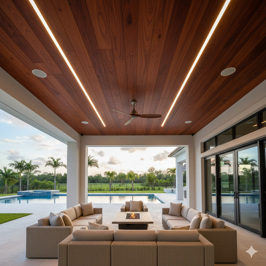 LUXWORLD Brazilian Cherry WPC wall and ceiling panel, luxury timber cladding with rich wood grain texture for interior design.