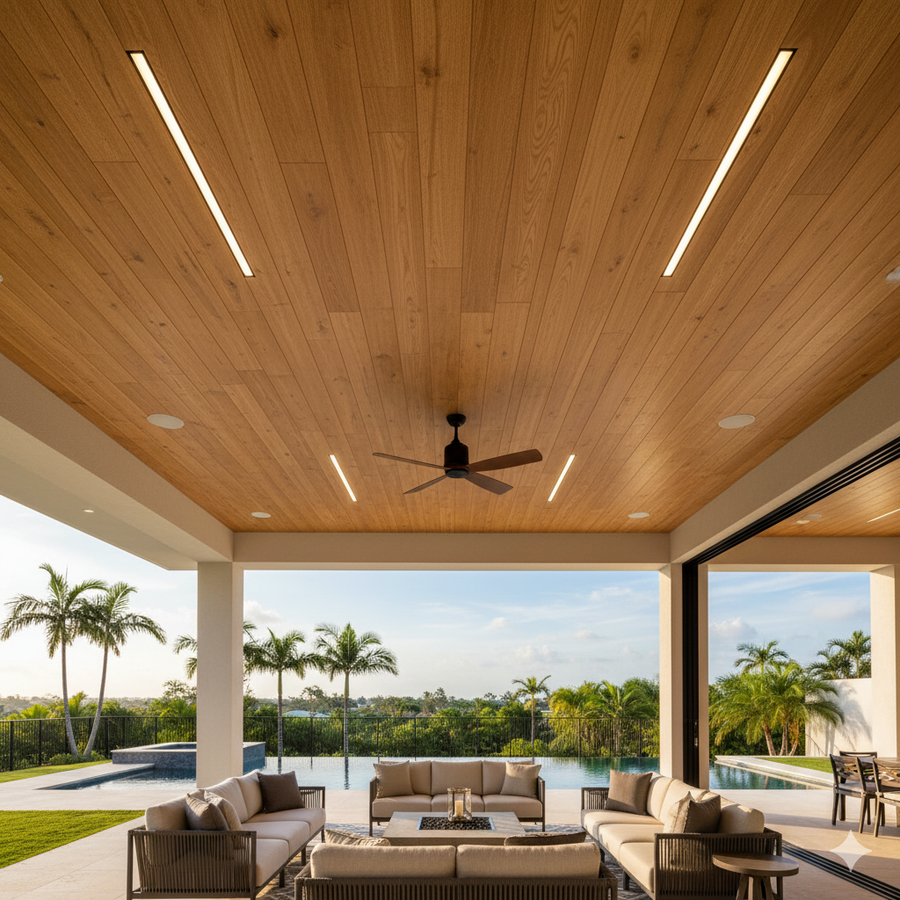 LUXWORLD Golden Oak WPC wall and ceiling cladding panel showing natural timber texture and warm oak finish for interior decor.