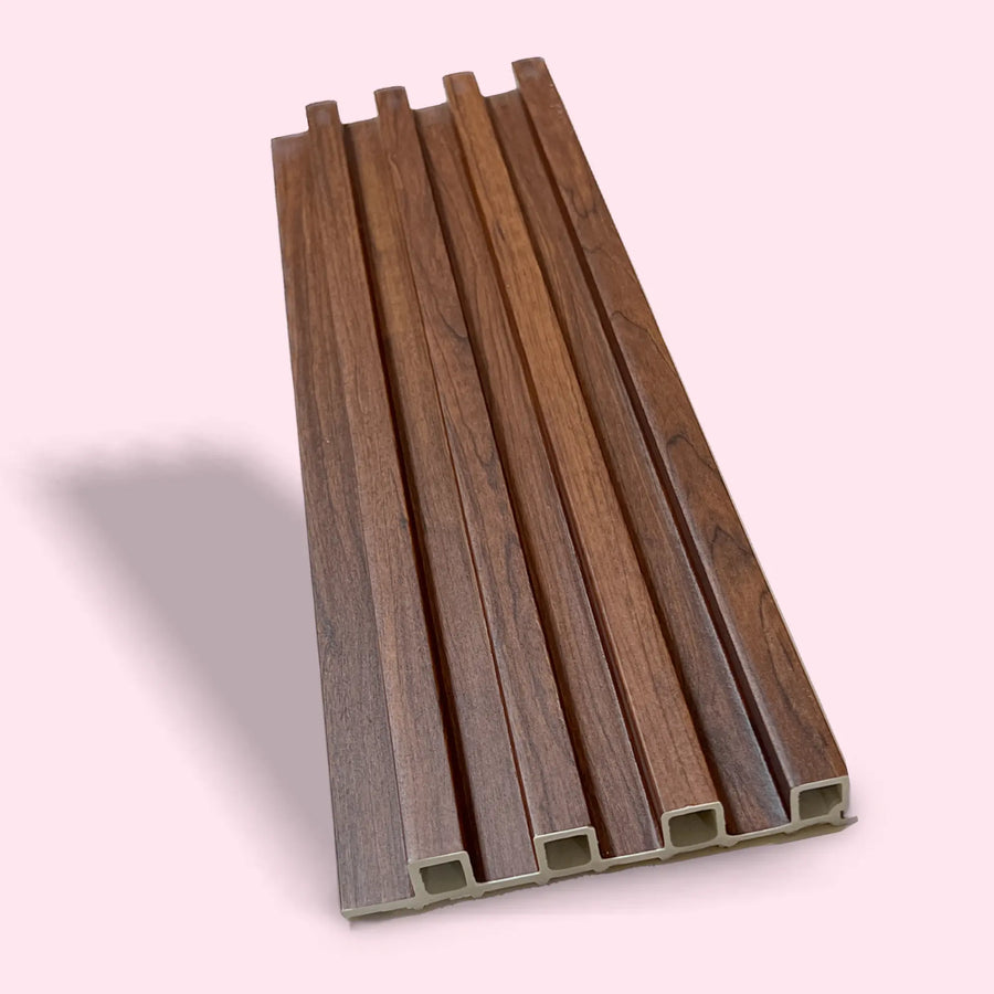 LUXWORLD WPC wall cladding panel in teak finish, indoor timber panel, 2700mm long and 160mm wide, for stylish wall decor.