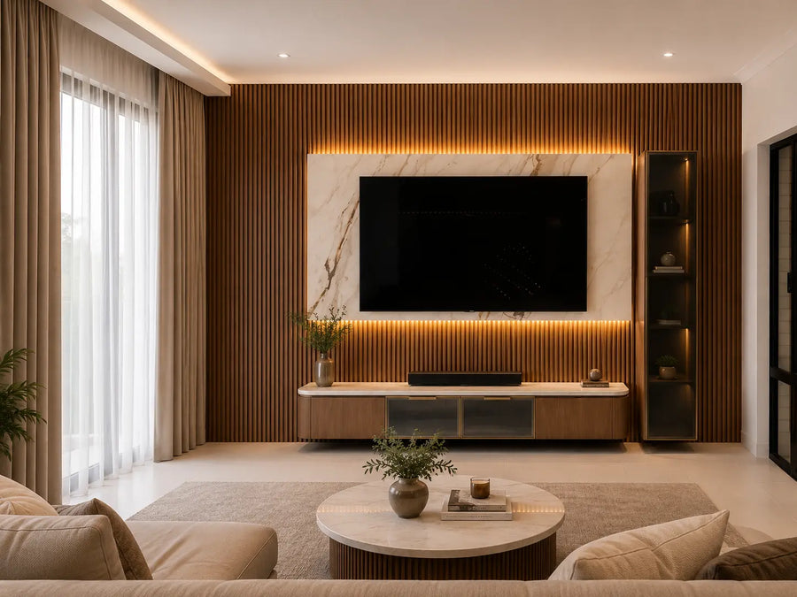 A modern living room interior featuring a large black flat-screen TV mounted on a slatted wood wall with warm LED backlighting, a marble-look inset panel, a low floating media console, a tall dark shelving unit, beige sofas, and a round coffee table in the foreground.