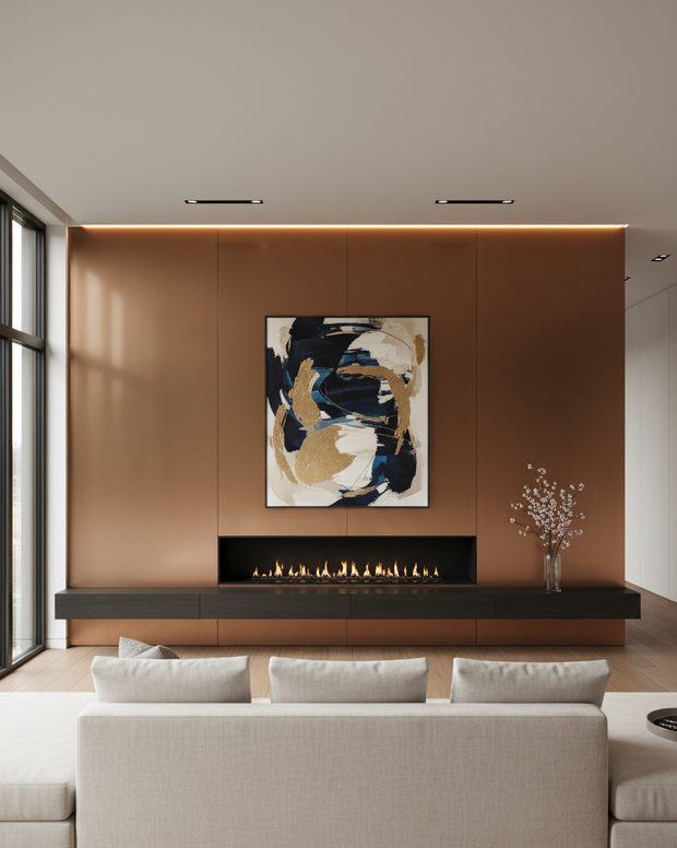 Modern living room with a fireplace, abstract painting, and vase.