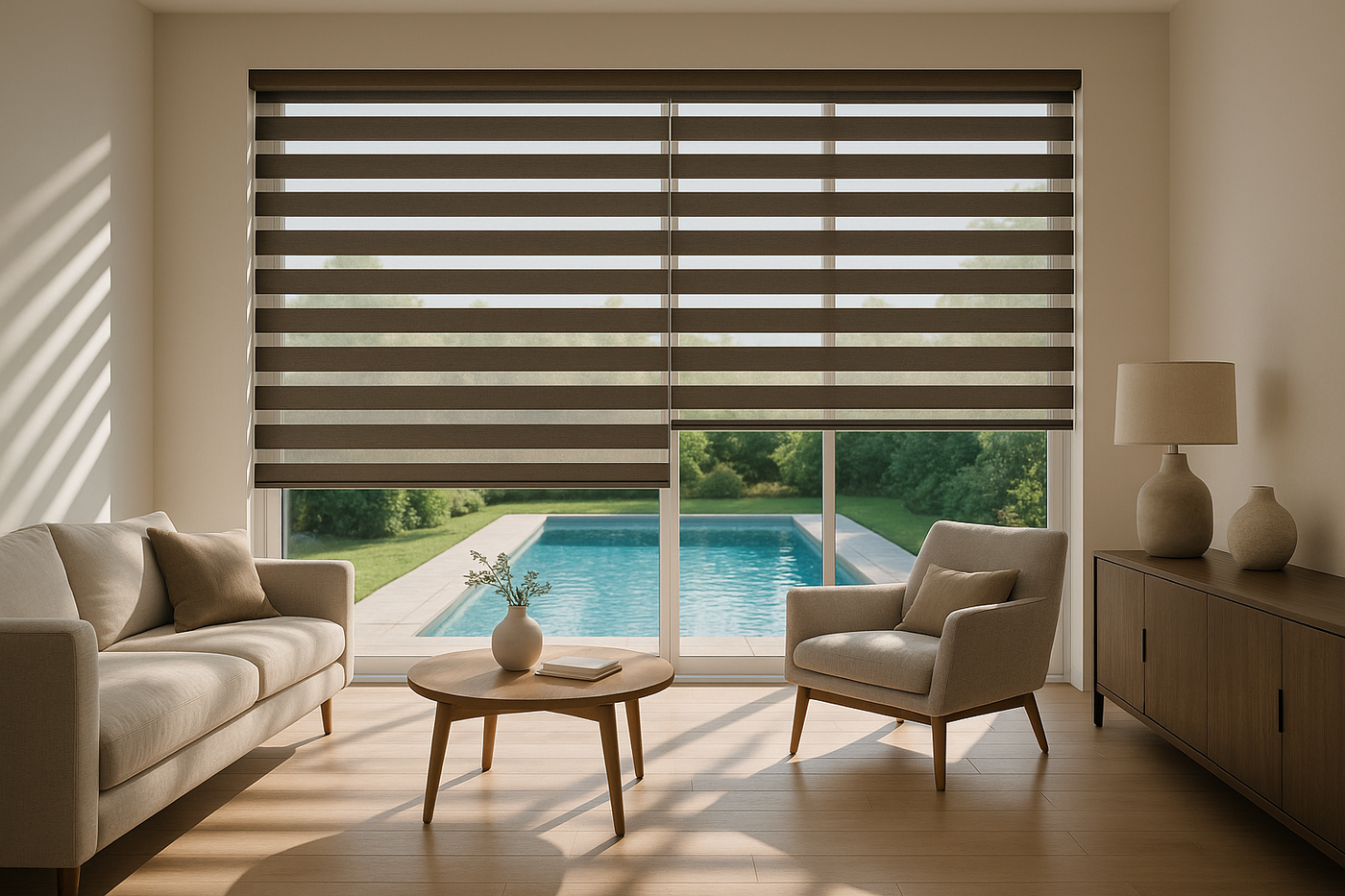 Zebra Blinds in living window with overlooking pool