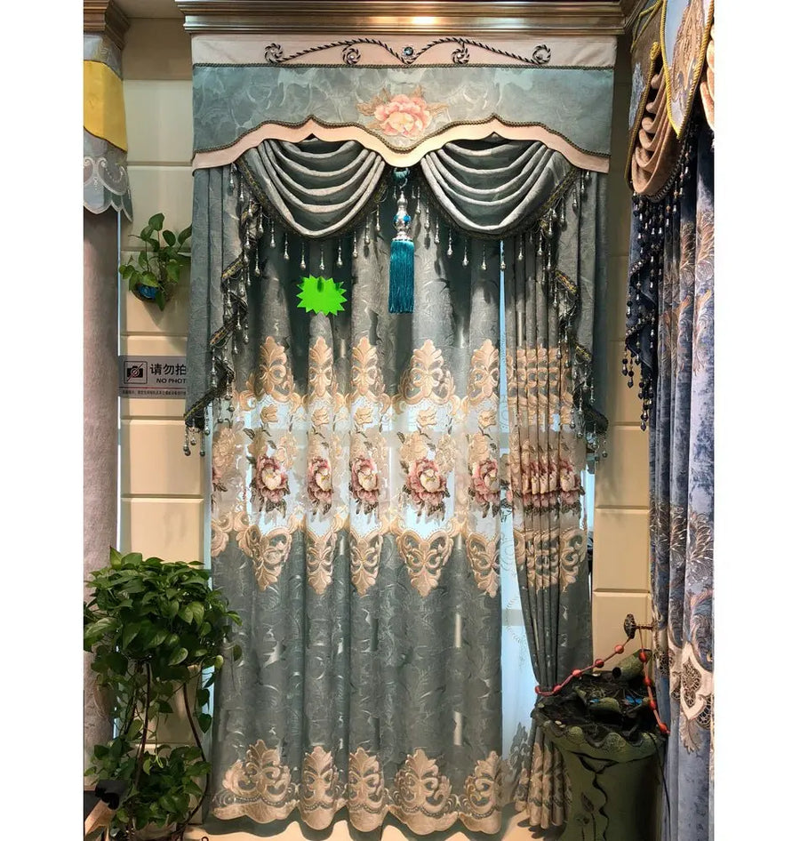 Luxworld embroidered curtains with rich texture, elegant drapes for a luxurious living space, showcasing intricate embroidery and stylish design.