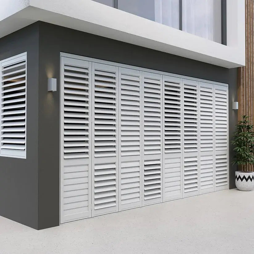 Aluminium plantation shutter by LUXWORLD with adjustable louver slats and sleek modern design for window covering.
