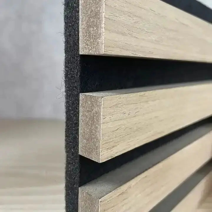 LUXWORLD acoustic wall panels in natural oak finish, 2700mm x 520mm, wall cladding for sound absorption and stylish interior decor.