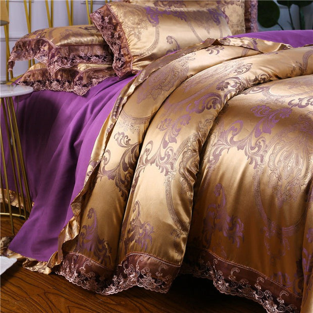 SATIN DUVET COVER SET LUXURY 4 PIECES JACQUARD SOFT SILKY BEDDING QUILT COVER PILLOWCASES SET WITH ZIPPER CLOSURE, METAL YELLOW, KING & QUEEN - LUXWORLD