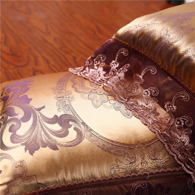 SATIN DUVET COVER SET LUXURY 4 PIECES JACQUARD SOFT SILKY BEDDING QUILT COVER PILLOWCASES SET WITH ZIPPER CLOSURE, METAL YELLOW, KING & QUEEN - LUXWORLD