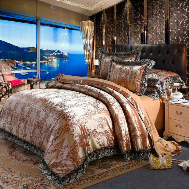 SATIN DUVET COVER SET LUXURY 4 PIECES JACQUARD SOFT SILKY BEDDING QUILT COVER PILLOWCASES SET WITH ZIPPER CLOSURE, METAL YELLOW, KING & QUEEN - LUXWORLD