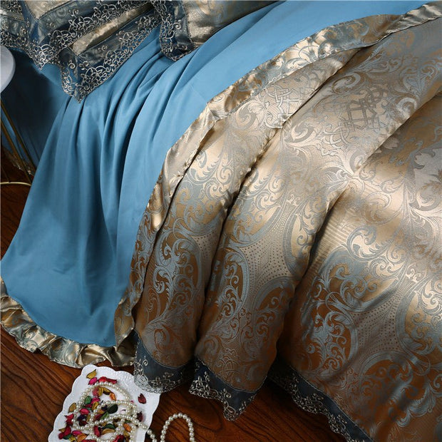 SATIN DUVET COVER SET LUXURY 4 PIECES JACQUARD SOFT SILKY BEDDING QUILT COVER PILLOWCASES SET WITH ZIPPER CLOSURE, METAL YELLOW, KING & QUEEN - LUXWORLD