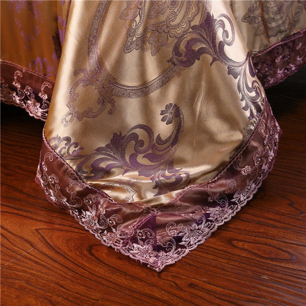 SATIN DUVET COVER SET LUXURY 4 PIECES JACQUARD SOFT SILKY BEDDING QUILT COVER PILLOWCASES SET WITH ZIPPER CLOSURE, METAL YELLOW, KING & QUEEN - LUXWORLD