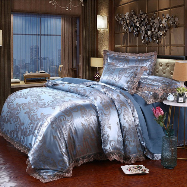 SATIN DUVET COVER SET LUXURY 4 PIECES JACQUARD SOFT SILKY BEDDING QUILT COVER PILLOWCASES SET WITH ZIPPER CLOSURE, METAL YELLOW, KING & QUEEN - LUXWORLD