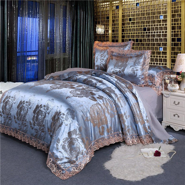 SATIN DUVET COVER SET LUXURY 4 PIECES JACQUARD SOFT SILKY BEDDING QUILT COVER PILLOWCASES SET WITH ZIPPER CLOSURE, METAL YELLOW, KING & QUEEN - LUXWORLD