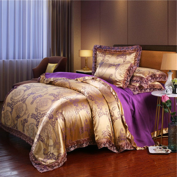 SATIN DUVET COVER SET LUXURY 4 PIECES JACQUARD SOFT SILKY BEDDING QUILT COVER PILLOWCASES SET WITH ZIPPER CLOSURE, METAL YELLOW, KING & QUEEN - LUXWORLD