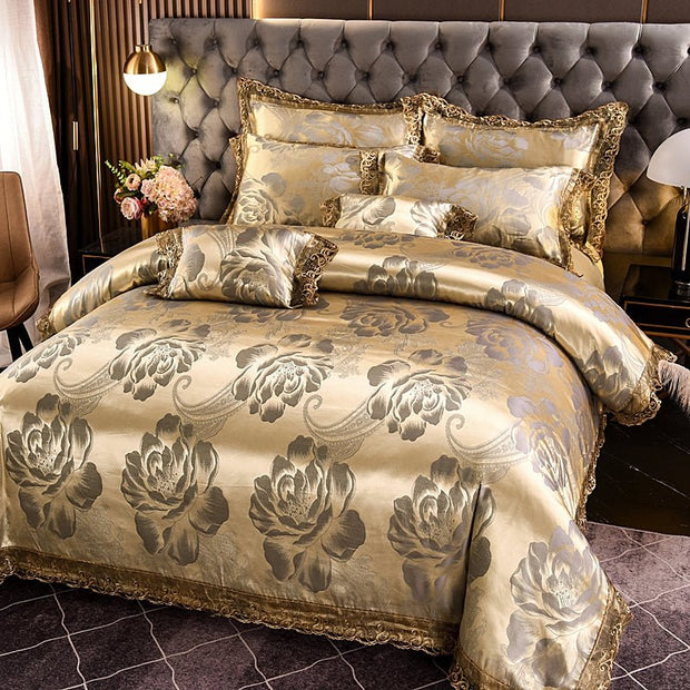SATIN DUVET COVER SET LUXURY 4 PIECES JACQUARD SOFT SILKY BEDDING QUILT COVER PILLOWCASES SET WITH ZIPPER CLOSURE, METAL YELLOW, KING & QUEEN - LUXWORLD