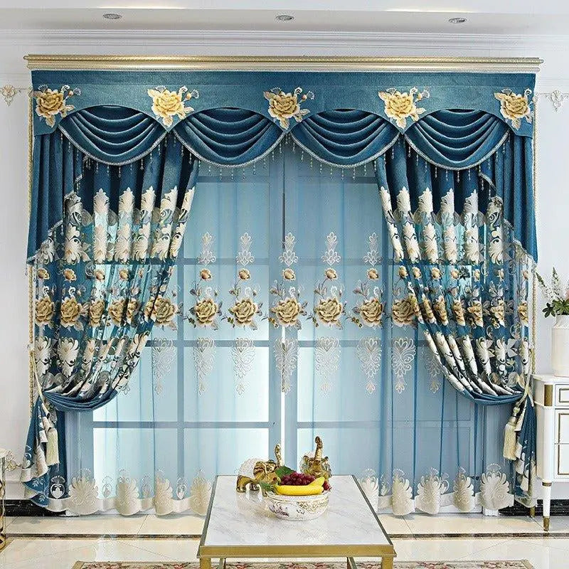 Elegant custom-made embroidery curtains by THE-LUXWORLD, featuring intricate patterns for luxurious home decor.