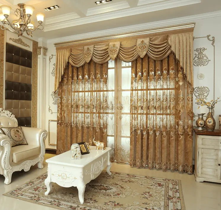 European luxury high-end embroidered curtains for living room by THE-LUXWORLD, featuring elegant drapery with detailed embroidery.