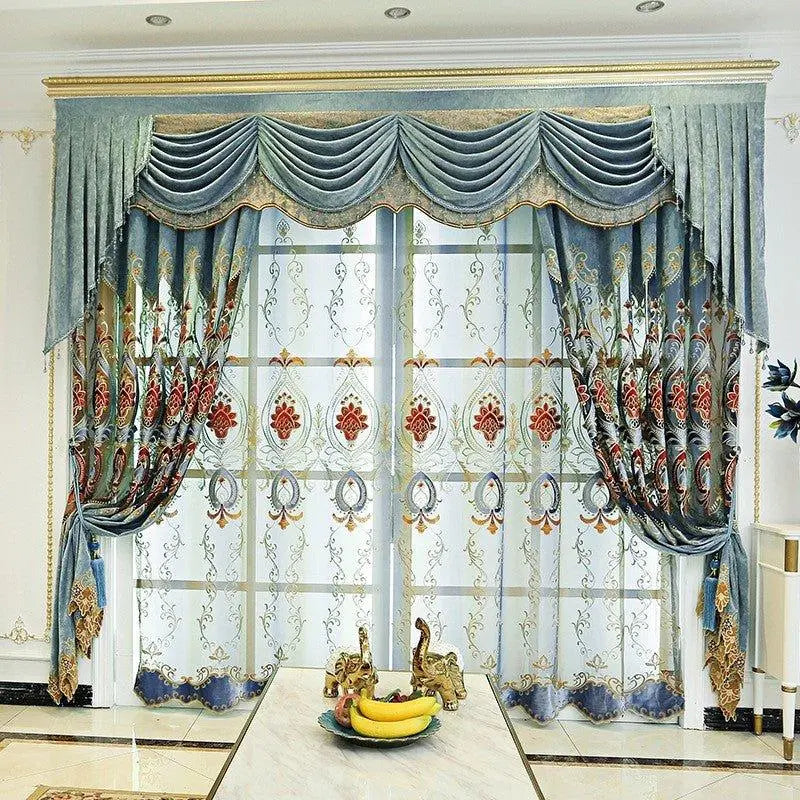 European luxury high-end embroidered curtains for living room by THE-LUXWORLD, showcasing intricate embroidery and elegant fabric design.