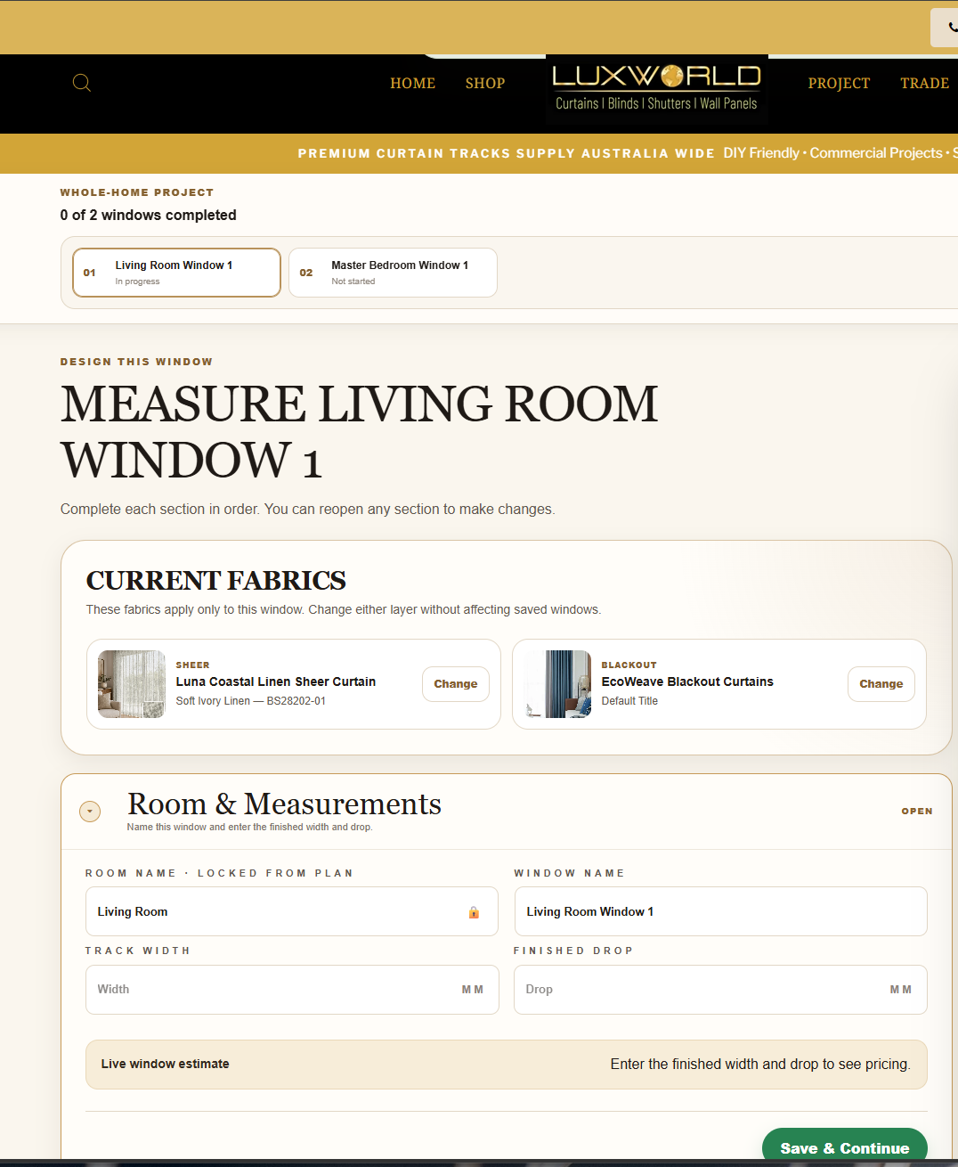 LUXWORLD Double Curtain Design Studio showing whole-home window planning and measurements